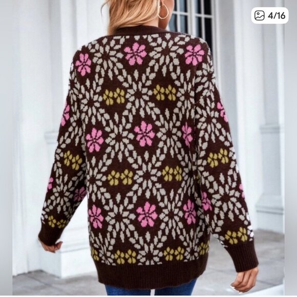 ZARA Oversized Chunky Floral Knit Cardigan Sweater Brown Pink Yellow Size M - Picture 2 of 16